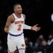 Knicks guard Miles McBride (2) reacts after a basket against the Brooklyn Nets during the second half at Barclays Center.