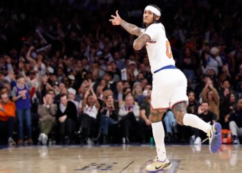 New York Knicks guard Jordan Clarkson reacts after hitting a three-point shot.
