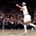 New York Knicks guard Jordan Clarkson reacts after hitting a three-point shot.