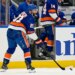 New York Islanders center Kyle Palmieri (21) makes a pass after being injured against the Philadelphia Flyers during the second period.