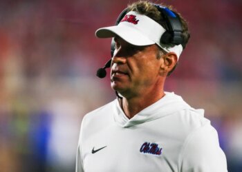 Mississippi Rebels head coach Lane Kiffin stands on the sideline during the second half against the Florida Gators at Vaught-Hemingway Stadium.