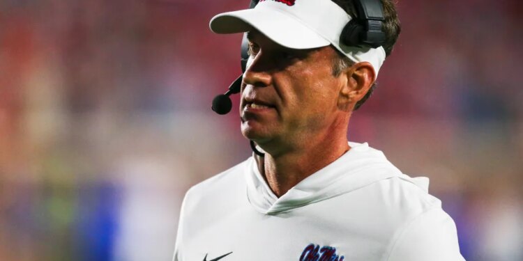 Mississippi Rebels head coach Lane Kiffin stands on the sideline during the second half against the Florida Gators at Vaught-Hemingway Stadium.