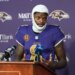 Baltimore Ravens quarterback Lamar Jackson speaks during a news conference.