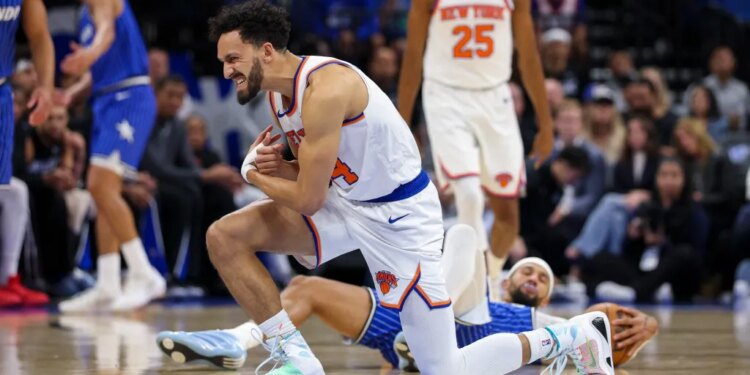 New York Knicks guard Landry Shamet (44) reacts to an injury against the Orlando Magic.