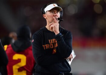 Southern California Trojans head coach Lincoln Riley watches game action against the Northwestern Wildcats during the second half at the Los Angeles Memorial Coliseum.