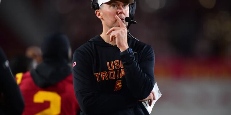 Southern California Trojans head coach Lincoln Riley watches game action against the Northwestern Wildcats during the second half at the Los Angeles Memorial Coliseum.