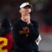 Southern California Trojans head coach Lincoln Riley watches game action against the Northwestern Wildcats during the second half at the Los Angeles Memorial Coliseum.