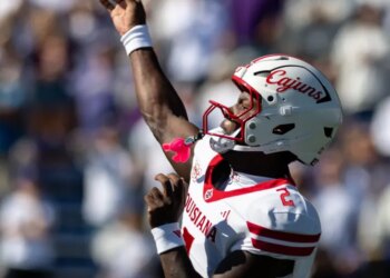 Louisiana quarterback Lunch Winfield (2) throws a pass during a college football game against James Madison.