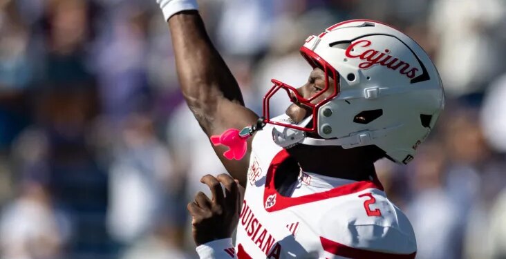 Louisiana quarterback Lunch Winfield (2) throws a pass during a college football game against James Madison.