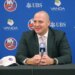 New York Islanders GM Mathieu Darche speaking at a press conference.