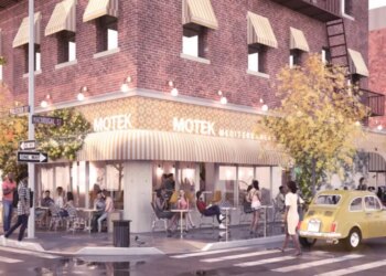 Illustration of the Motek Mediterranean restaurant at the corner of Bleecker Street and Macdougal Street.