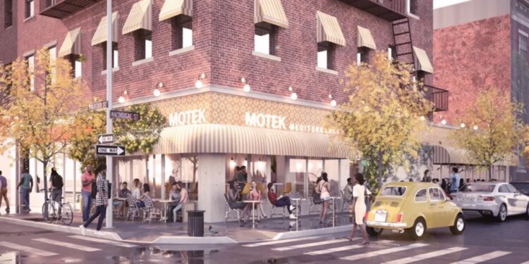 Illustration of the Motek Mediterranean restaurant at the corner of Bleecker Street and Macdougal Street.