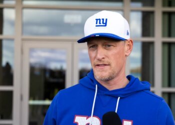 New York Giants outside linebackers coach Charlie Bullen speaks to the media during practice at the Quest Diagnostics center, Friday, Nov. 14, 2025, in East Rutherford, New Jersey.