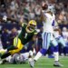 Packers pass rusher Micah Parsons (1) pressures Cowboys quarterback Dak Prescott (4) on Sept. 28, 2025.