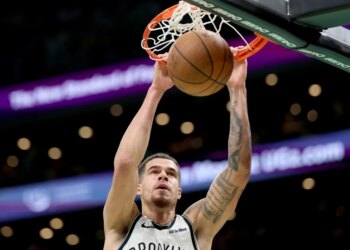 Michael Porter Jr. slams home a dunk during the Nets' upset win over the Celtics on Nov. 21, 2025.