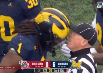 The moment Jaishawn Barham's helmet appears to make contract with the referee on Saturday.