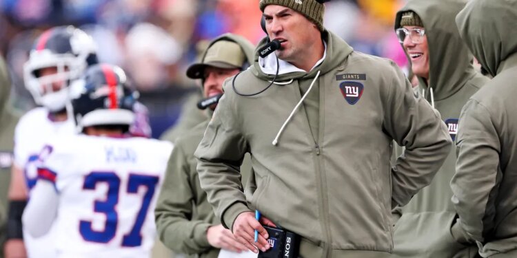 New York Giants interim head coach Mike Kafka on the sidelines.