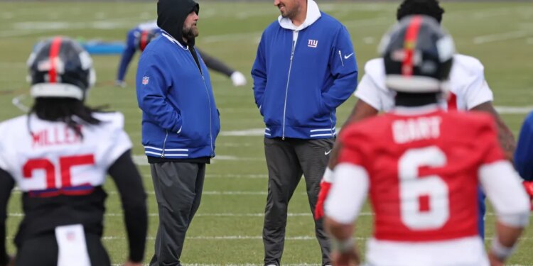 New York Giants head coach Brian Daboll and offensive coordinator Mike Kafka during practice.