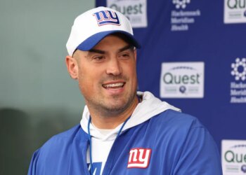Giants interim coach Mike Kafka talks to the media during a press conference on Nov. 26, 2025.