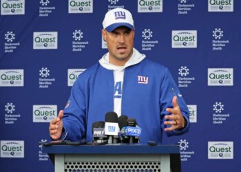 New York Giants interim head coach Mike Kafka speaking to the media before practice at the New York Giants training facility in East Rutherford, New Jersey.
