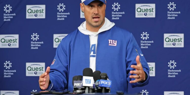 New York Giants interim head coach Mike Kafka speaking to the media before practice at the New York Giants training facility in East Rutherford, New Jersey.