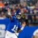 New York Giants quarterback Jameis Winston (19) throws during the first half against the New England Patriots at MetLife Stadium, Thursday, Aug. 21, 2025, in East Rutherford, New Jersey.