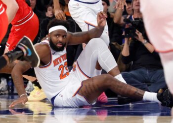 Mitchell Robinson reacts after falling to the floor missing a dunk in the second half at Madison Square Garden in New York, New York, November 02, 2025.