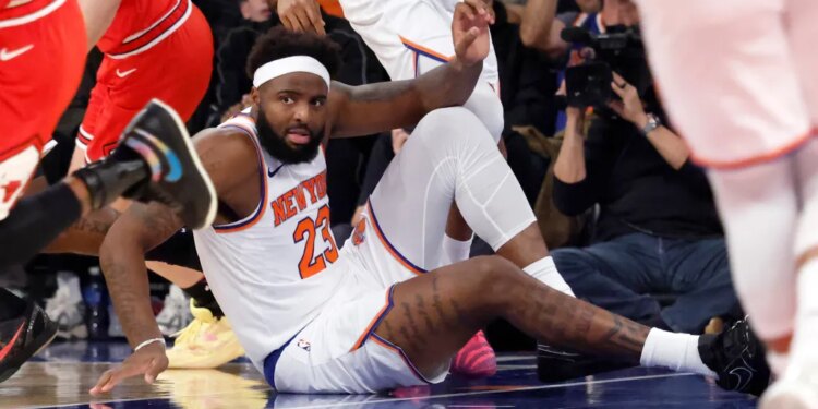 Mitchell Robinson reacts after falling to the floor missing a dunk in the second half at Madison Square Garden in New York, New York, November 02, 2025.