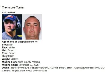 Missing person flyer for Travis Lee Turner, showing a collage of two headshots and his physical description.