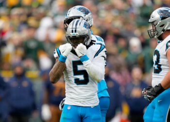 Carolina Panthers running back Rico Dowdle (5) celebrates after a first down against the Green Bay Packers.