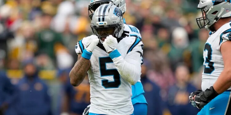 Carolina Panthers running back Rico Dowdle (5) celebrates after a first down against the Green Bay Packers.