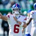 New York Giants quarterback Jaxson Dart (6) warming up before a game against the Philadelphia Eagles.
