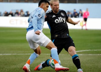 New York City forward Alonso Martínez, left, and Charlotte FC defender Tim Ream compete for the ball during the first half of Game 2 in the first round of MLS soccer's Eastern Conference playoffs, Saturday, Nov. 1, 2025
