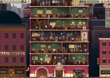 Screenshot from News Tower featuring a cross section of a very fancy multi-story building with people inside doing various news releated tasks