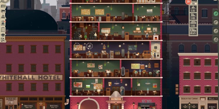 Screenshot from News Tower featuring a cross section of a very fancy multi-story building with people inside doing various news releated tasks