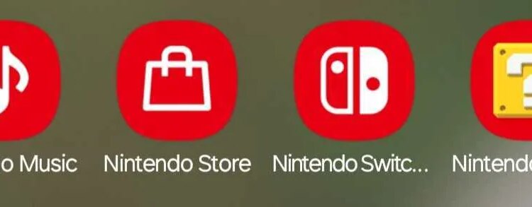 Screenshot featuring four Nintendo app buttons for Nintendo Music, Nintendo Store, Nintendo Switch, and Nintendo Today!
