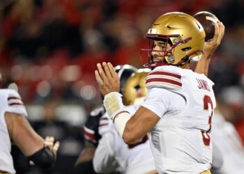 Boston College Eagles quarterback Grayson James (3) looks to pass against the Louisville Cardinals.