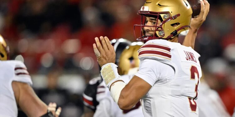 Boston College Eagles quarterback Grayson James (3) looks to pass against the Louisville Cardinals.