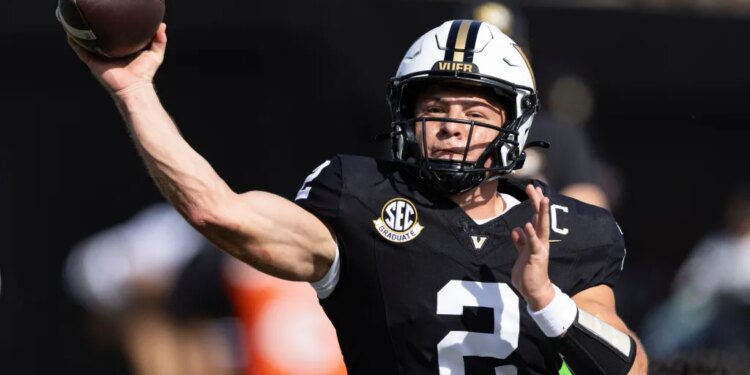 Vanderbilt quarterback Diego Pavia throws a football.