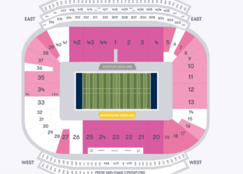Illustration of a stadium seating chart with visitor and Michigan sidelines.