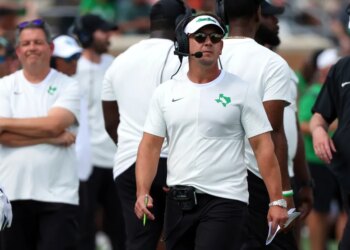 North Texas head coach Eric Morris walks the sideline during an NCAA college football game against Washington State, Sept. 13, 2025, in Denton, Texas.