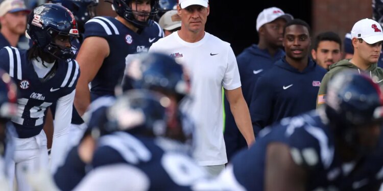 Ole Miss head coach Lane Kiffin during warmups.