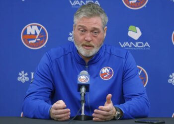 Islanders coach Patrick Roy talks with the media earlier in the week.