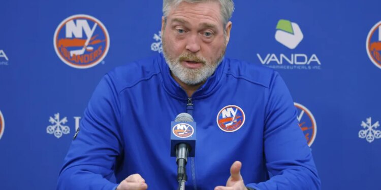 Islanders coach Patrick Roy talks with the media earlier in the week.
