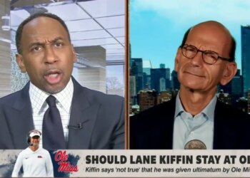 Stephen A. Smith (l.) and Paul Finebaum (r.) during ESPN's "First Take" on Nov. 19, 2025.