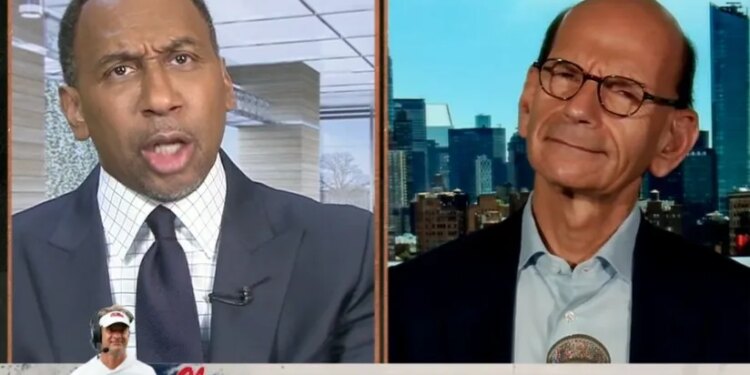 Stephen A. Smith (l.) and Paul Finebaum (r.) during ESPN's "First Take" on Nov. 19, 2025.