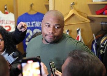 New York Giants defensive tackle Dexter Lawrence II #97, speaking to the media in front of his locker after practice at the New York Giants training facility in East Rutherford, New Jersey.