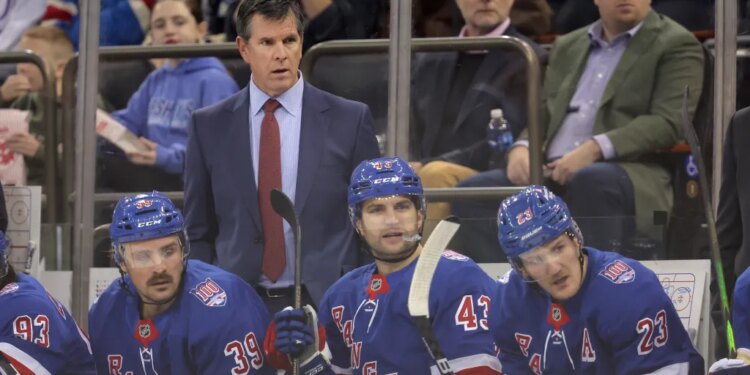 New York Rangers head coach Mike Sullivan coaching players against the Nashville Predators.