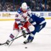 Artemi Panarin battles Jake Guentzel for the puck during the Rangers' 7-3 blowout road win over the Lightning on Nov. 12, 2025.