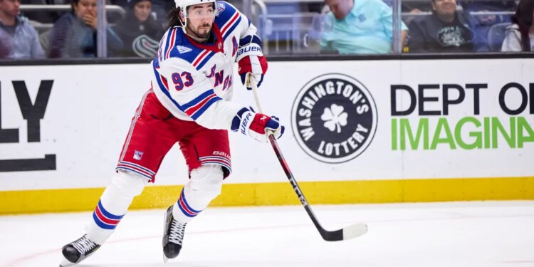 New York Rangers center Mika Zibanejad (93) looks to pass during the third period against the Seattle Kraken at Climate Pledge Arena.